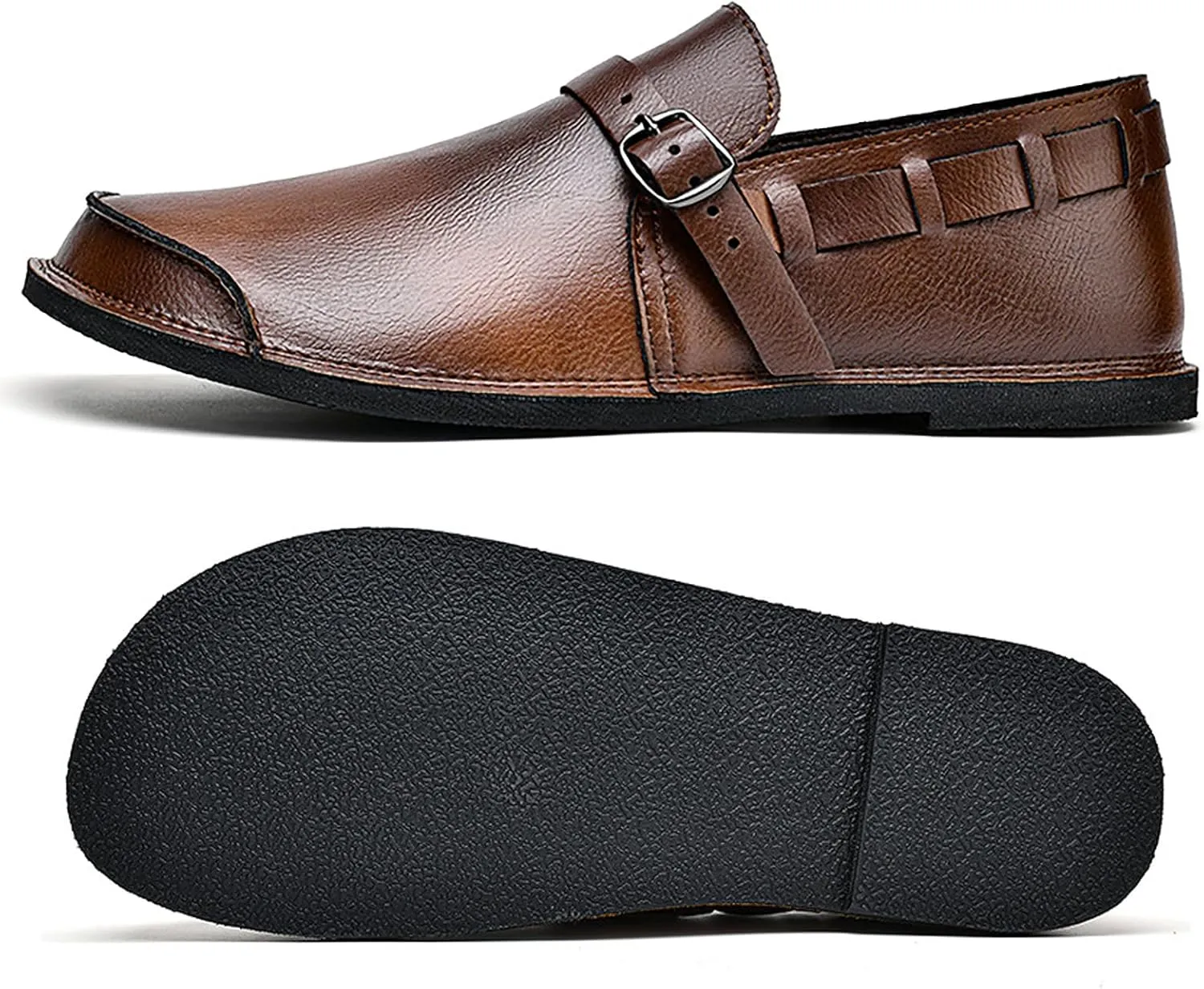 Men's Leather Slip On Flat Loafer,Casual Lightweight Soft Sole Driving Penny Shoes Adjustable Buckle Hand-Made Dress Shoes