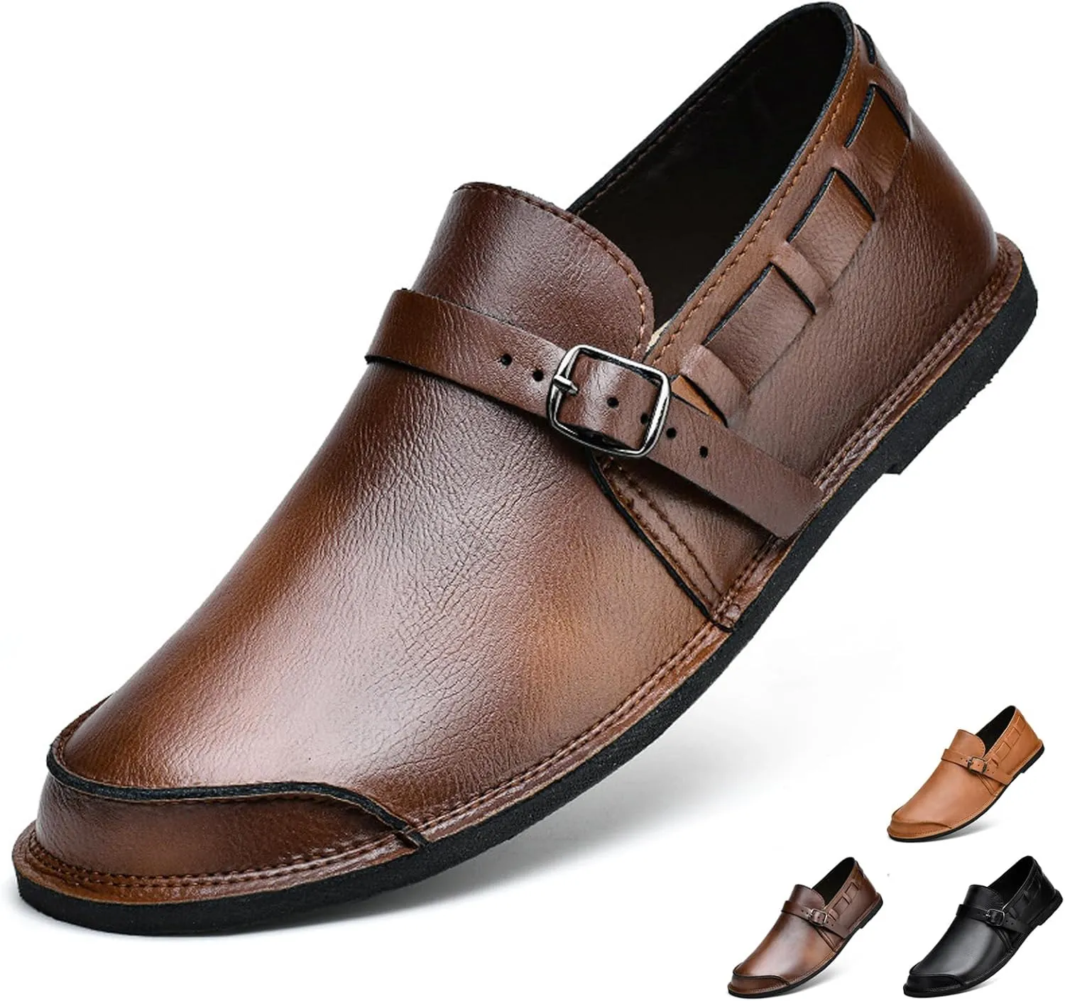 Men's Leather Slip On Flat Loafer,Casual Lightweight Soft Sole Driving Penny Shoes Adjustable Buckle Hand-Made Dress Shoes