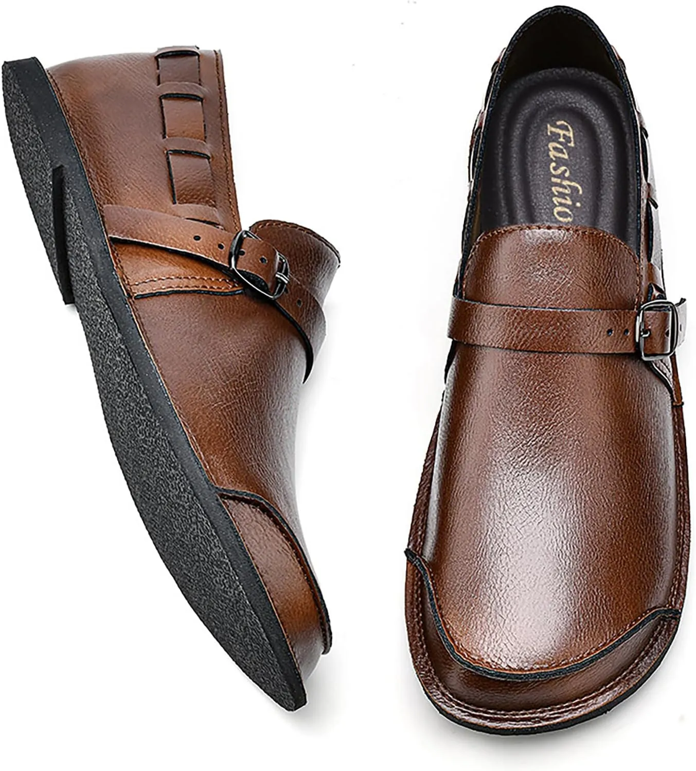 Men's Leather Slip On Flat Loafer,Casual Lightweight Soft Sole Driving Penny Shoes Adjustable Buckle Hand-Made Dress Shoes