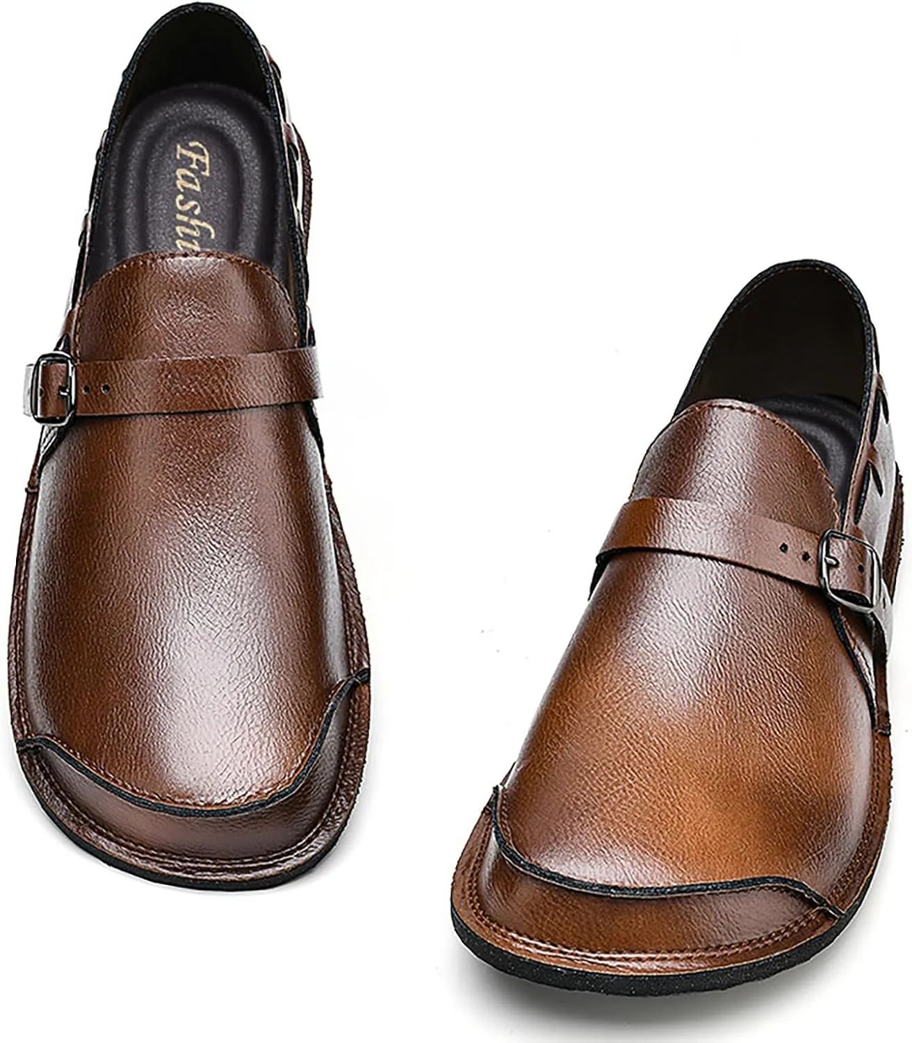 Men's Leather Slip On Flat Loafer,Casual Lightweight Soft Sole Driving Penny Shoes Adjustable Buckle Hand-Made Dress Shoes
