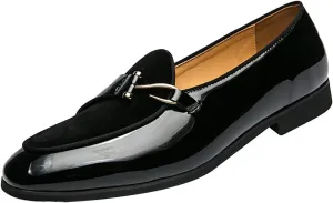 Men's Pointed-Toe Tuxedo Dress Shoes,Fashion Patent Leather Splicing Suede Casual Business Derby Oxford Slip-on Loafer