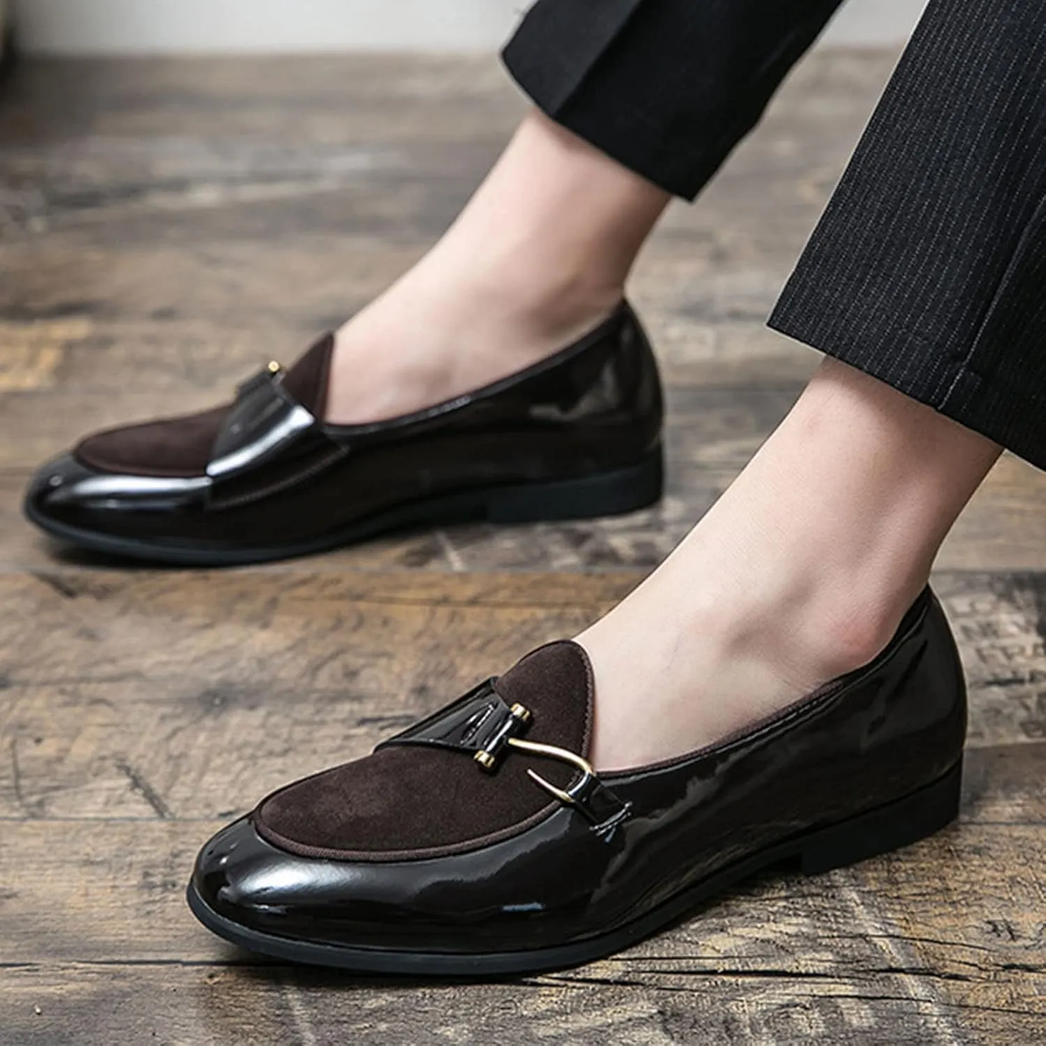 Men's Pointed-Toe Tuxedo Dress Shoes,Fashion Patent Leather Splicing Suede Casual Business Derby Oxford Slip-on Loafer
