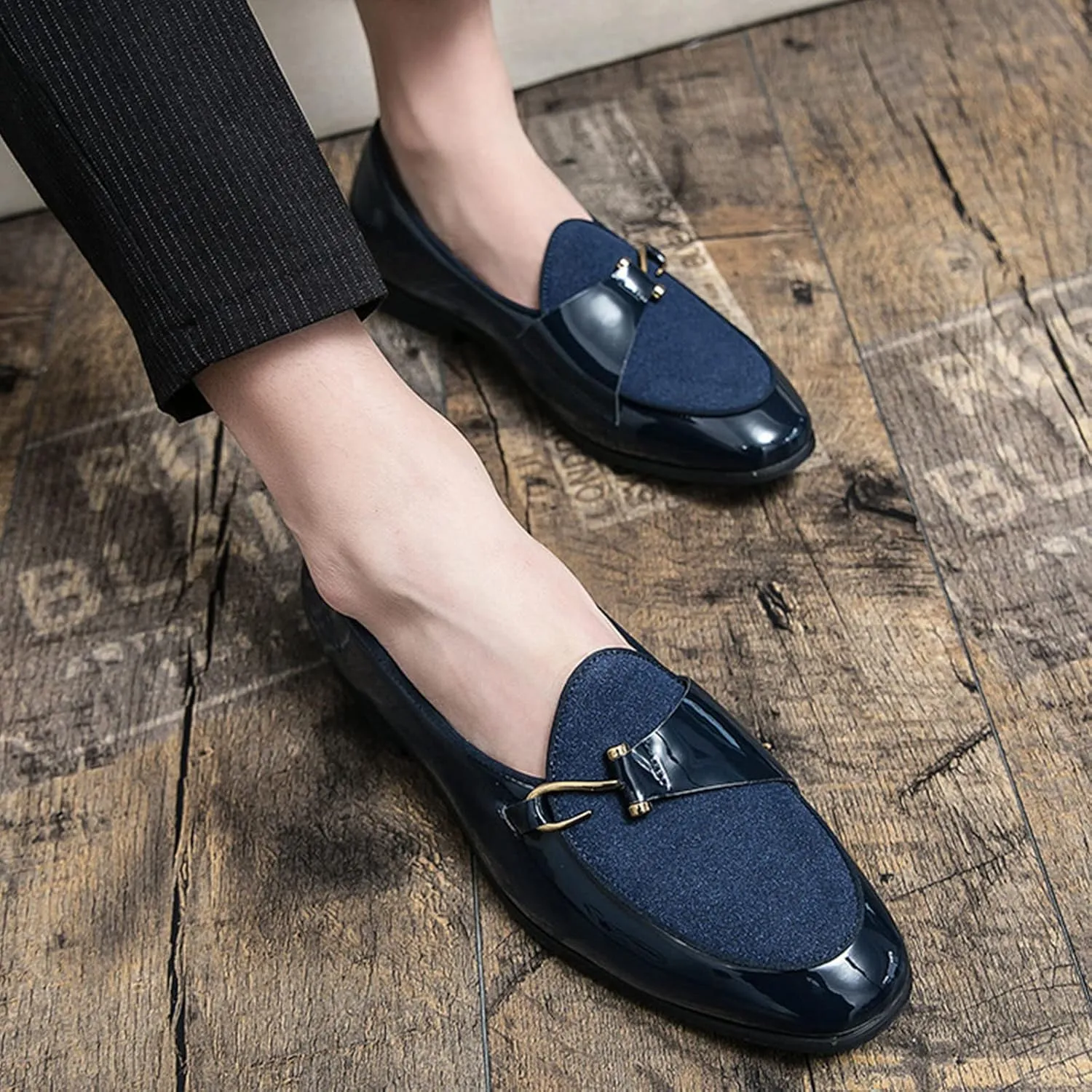 Men's Pointed-Toe Tuxedo Dress Shoes,Fashion Patent Leather Splicing Suede Casual Business Derby Oxford Slip-on Loafer