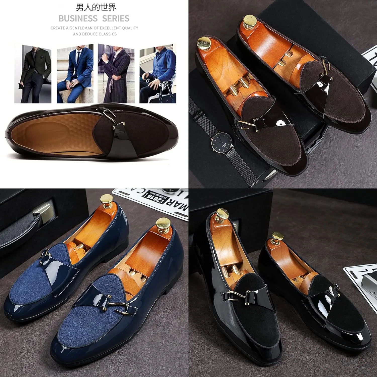 Men's Pointed-Toe Tuxedo Dress Shoes,Fashion Patent Leather Splicing Suede Casual Business Derby Oxford Slip-on Loafer