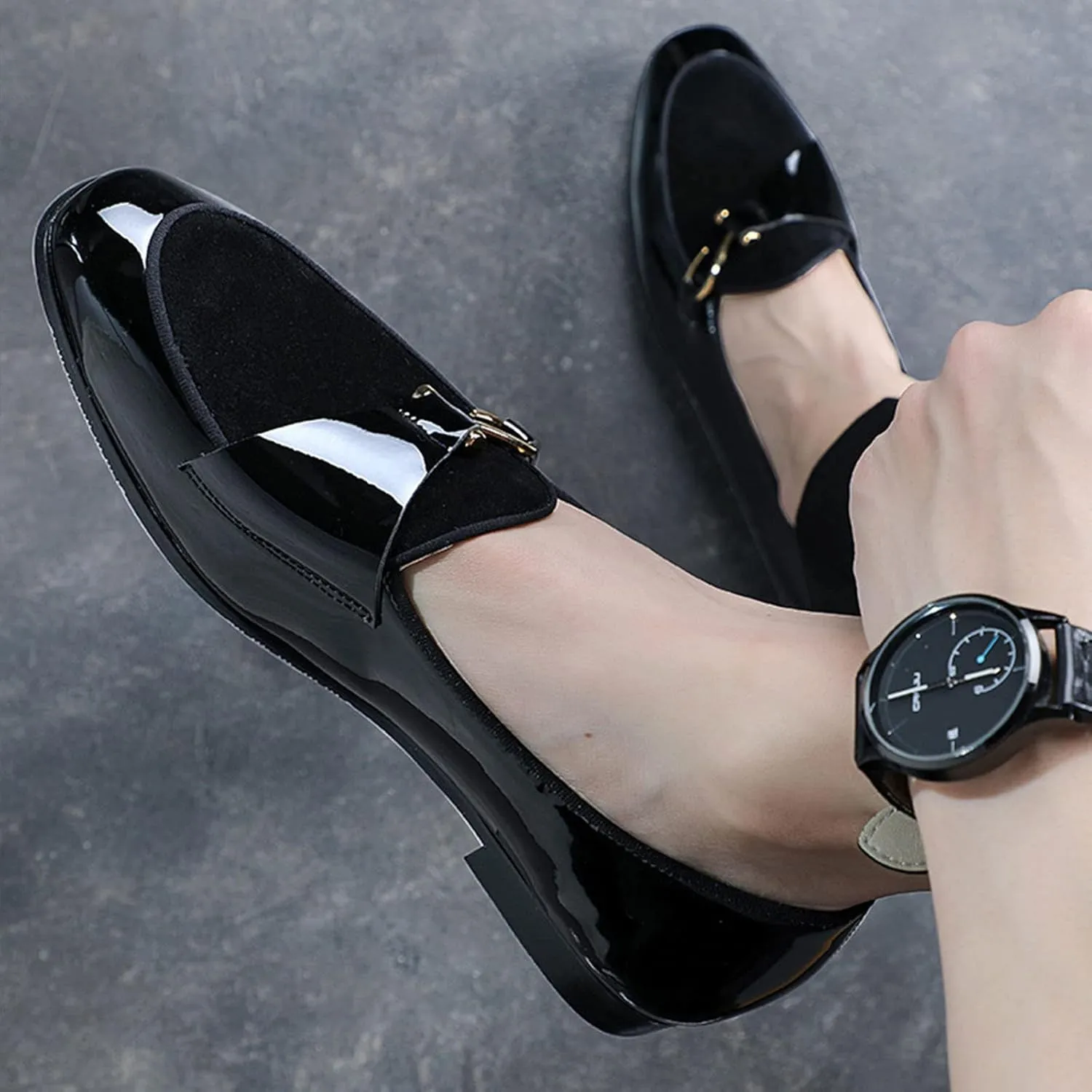 Men's Pointed-Toe Tuxedo Dress Shoes,Fashion Patent Leather Splicing Suede Casual Business Derby Oxford Slip-on Loafer