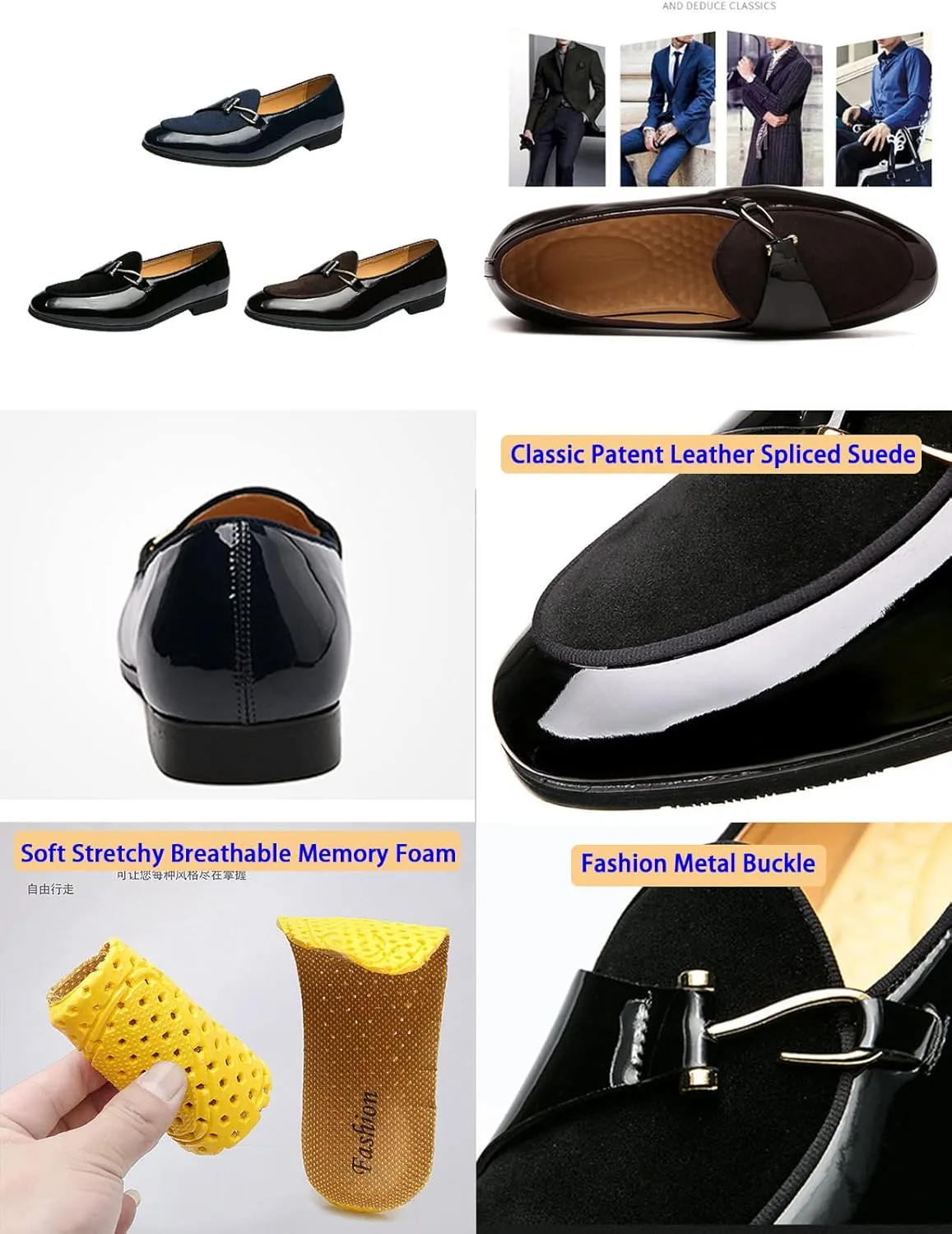 Men's Pointed-Toe Tuxedo Dress Shoes,Fashion Patent Leather Splicing Suede Casual Business Derby Oxford Slip-on Loafer