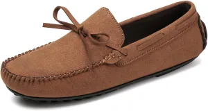 Men's Suede Leather Bow Tie Flat Loafers Classic Round Toe Non-Slip Soft Sole Driving Slip-On Business Moccasins Boat Shoes