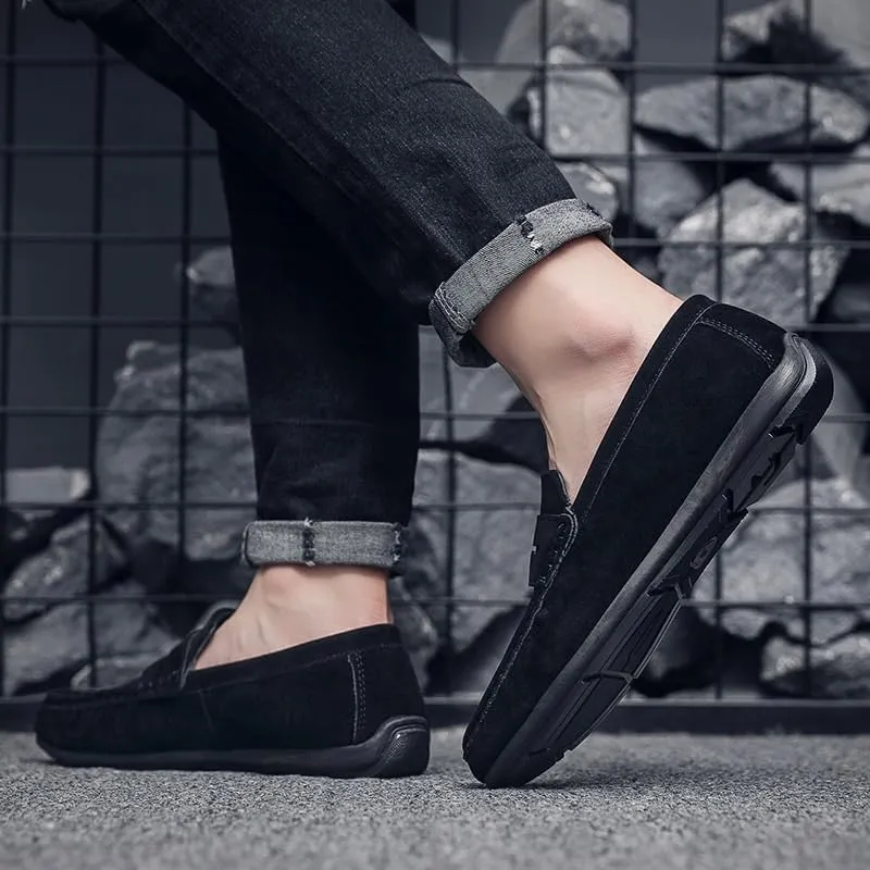 Mens Suede Loafers Vamp Driving Loafers Apron Toe Moccasins Anti-Slip Lightweight Flat Heel Anti-Slip Classic Walking Slip-On Smoking Loafers
