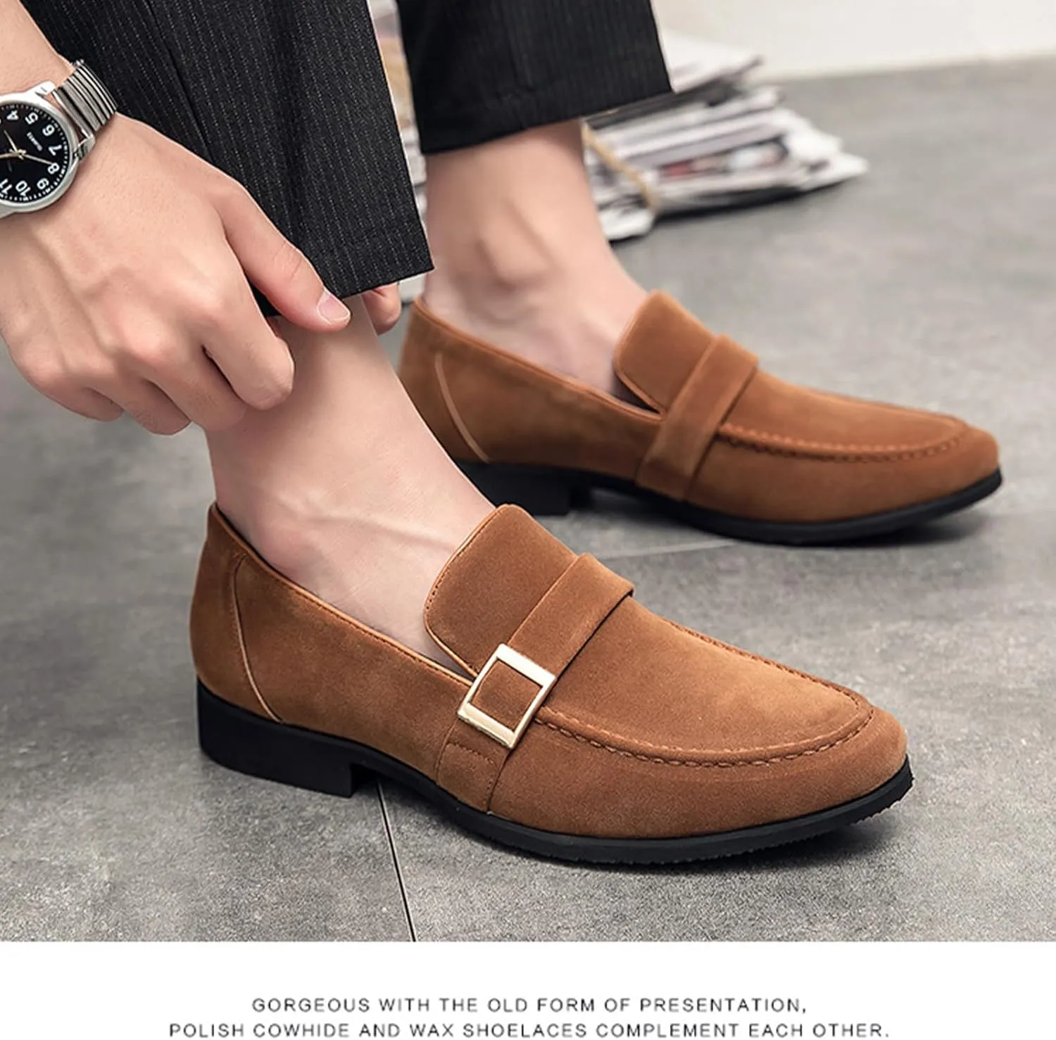 Men's Suede Penny Loafers Fashionable Metal Buckle Luxury Banquet Party Dress Shoes Comfortable Slip-On Moccasin Driving Loafers
