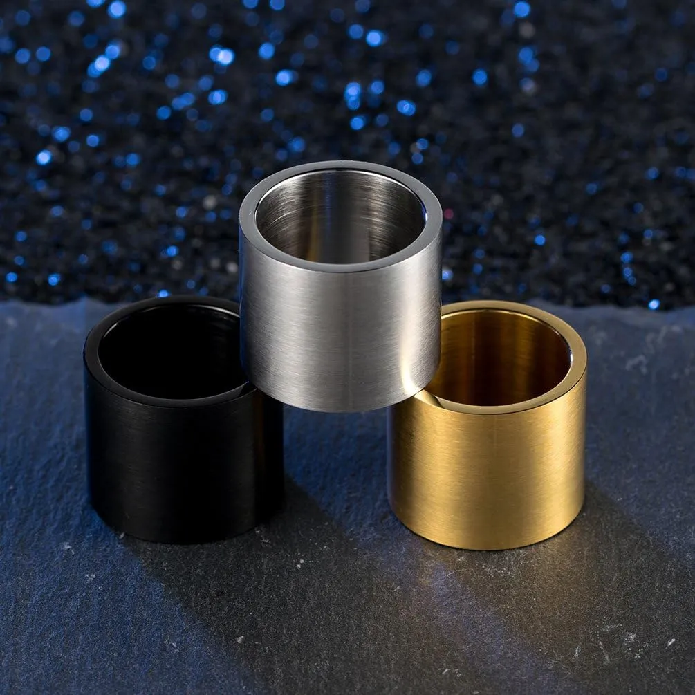 Mens Womens Stainless Steel 19mm/10mm Wide Ring Big Cool Plain Band Matte Finish Flat Top Silver, Gold, Black