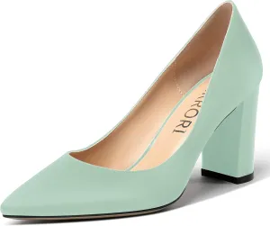 MERRORI Women's Dress Satin Pointed Toe Slip On Elegant Evening Chunky High Heel Pumps Shoes 3.3 Inch