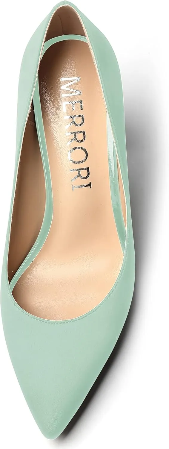 MERRORI Women's Dress Satin Pointed Toe Slip On Elegant Evening Chunky High Heel Pumps Shoes 3.3 Inch