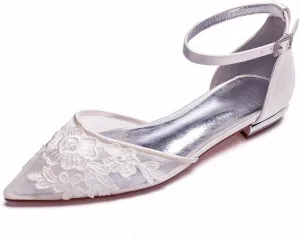 Mesh Appliques Wedding Flats for Bride Pointed Toe Tie up Bridesmaids Shoes