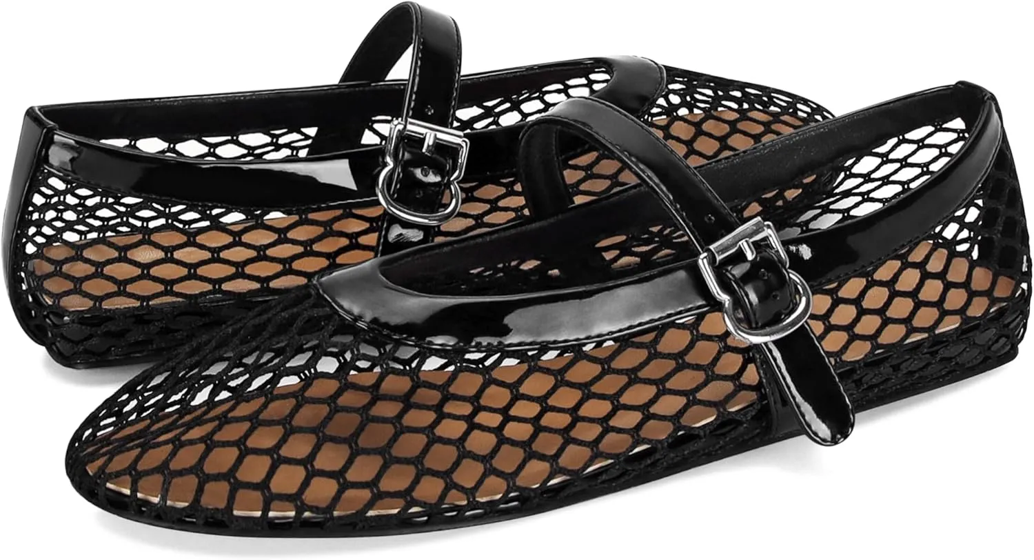 Mesh Ballet Flats for Women Ballerina Mesh Shoes Mary Jane Flats Sandals Fishnet Buckle Strap Round Toe Comfortable Casual Office Summer Dress