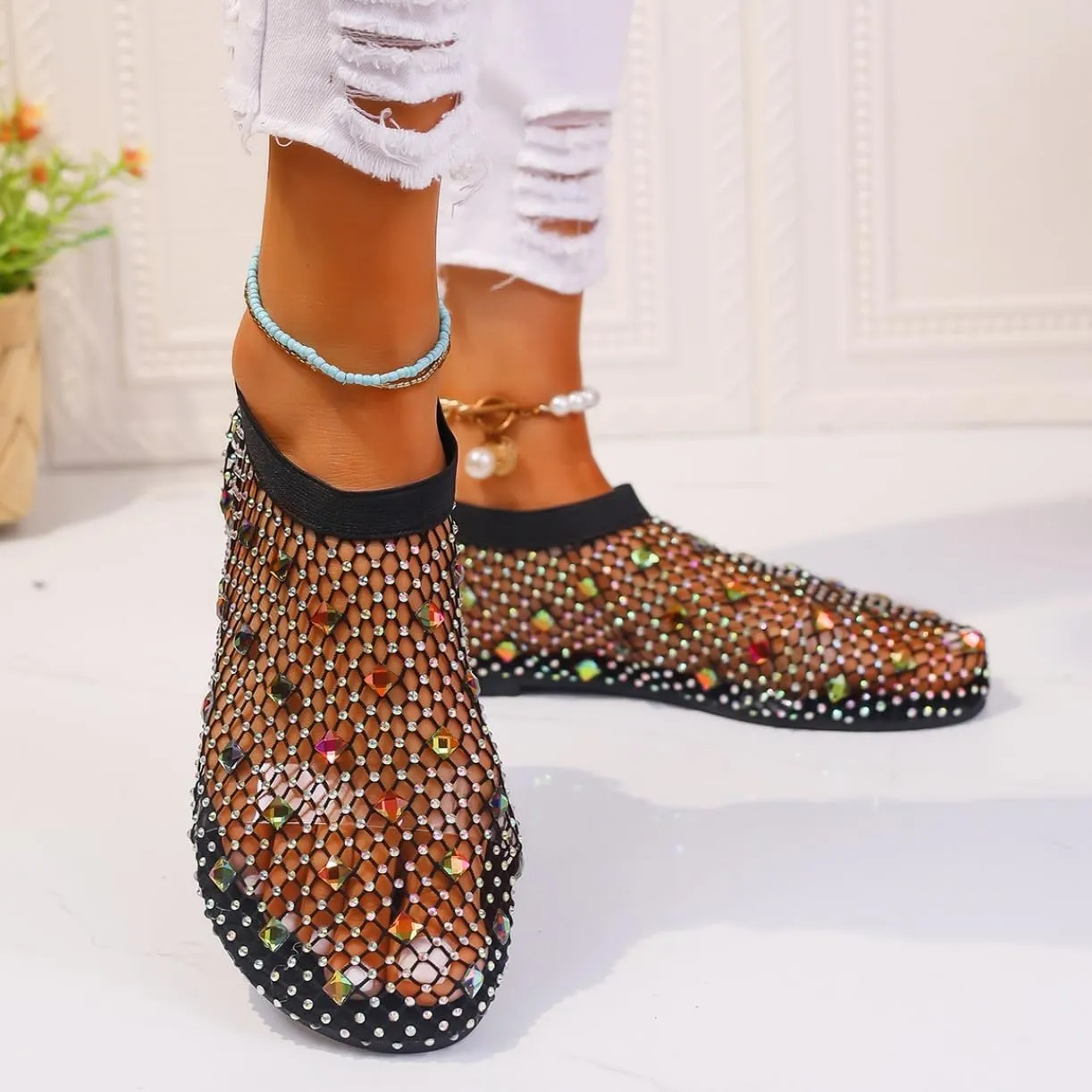 Mesh Flats for Women Ultra Comfortable Shiny Gem Mesh Flats Mesh Ballet Flats for Women