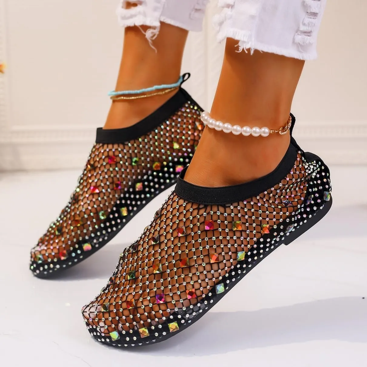 Mesh Flats for Women Ultra Comfortable Shiny Gem Mesh Flats Mesh Ballet Flats for Women