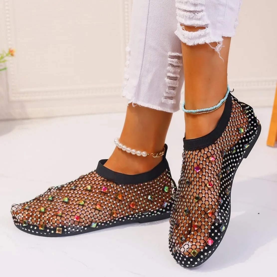 Mesh Flats for Women Ultra Comfortable Shiny Gem Mesh Flats Mesh Ballet Flats for Women