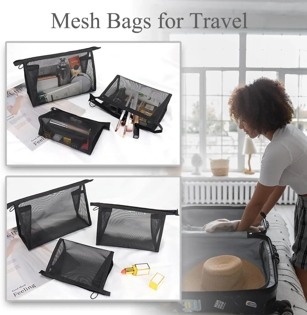Mesh Makeup Bag, See Through Travel Cosmetic Bag, Small Sheer Nylon Mesh Toiletry Bag, Travel Accessories (Small), L/S/Mini