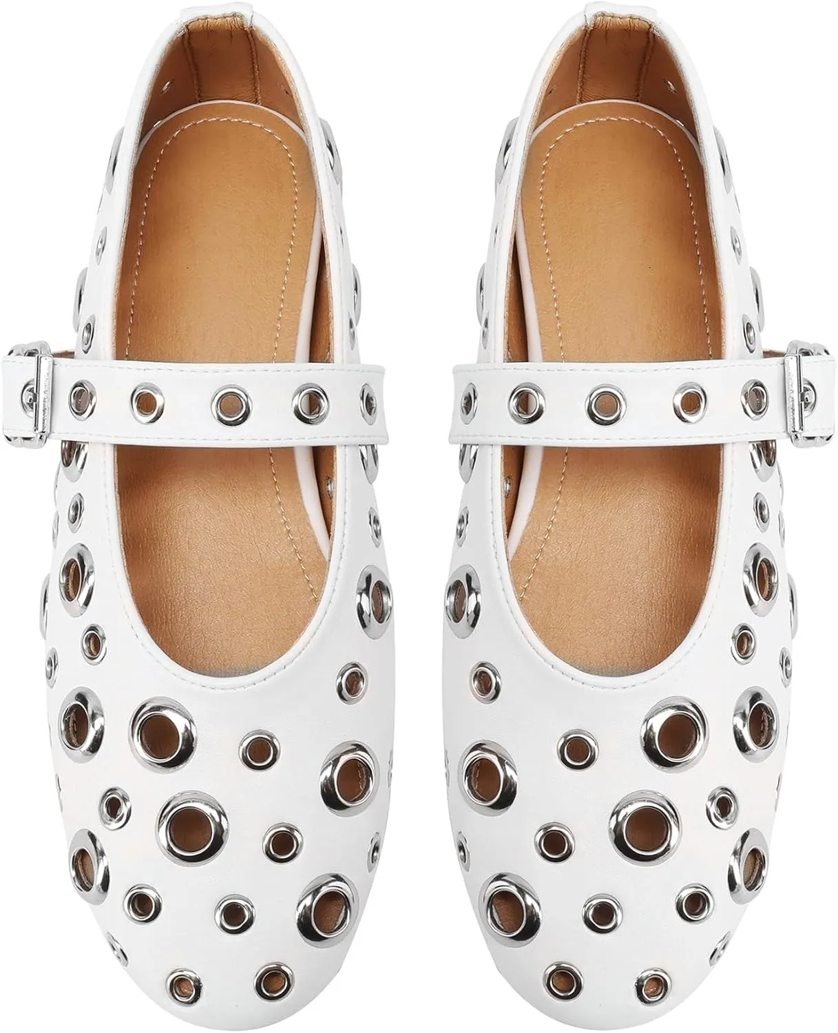 Mesh Mary Jane Flats for Women Perforated Ballet Flats Metal Buckle Strap Ballerina Casual Studded Flat Shoes