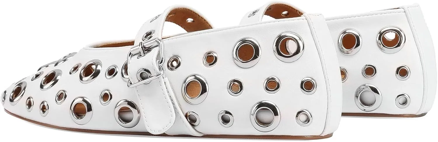 Mesh Mary Jane Flats for Women Perforated Ballet Flats Metal Buckle Strap Ballerina Casual Studded Flat Shoes
