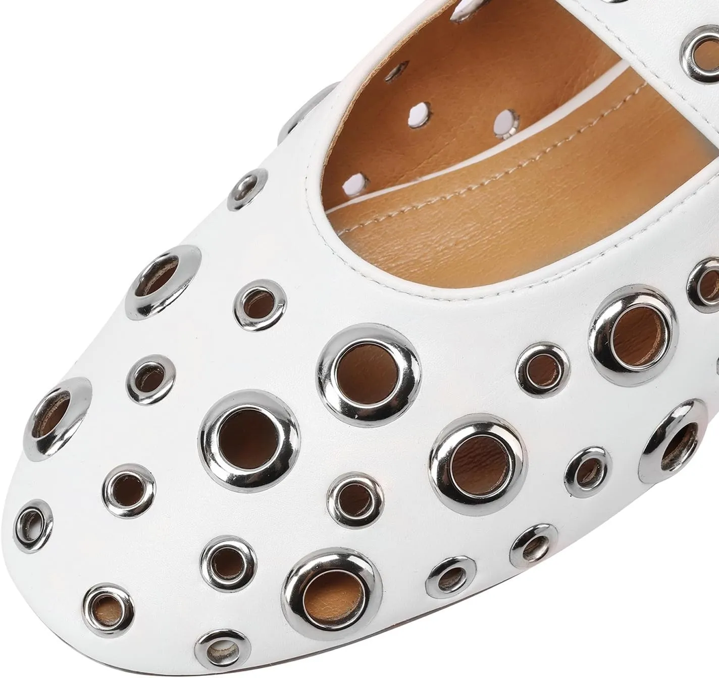 Mesh Mary Jane Flats for Women Perforated Ballet Flats Metal Buckle Strap Ballerina Casual Studded Flat Shoes
