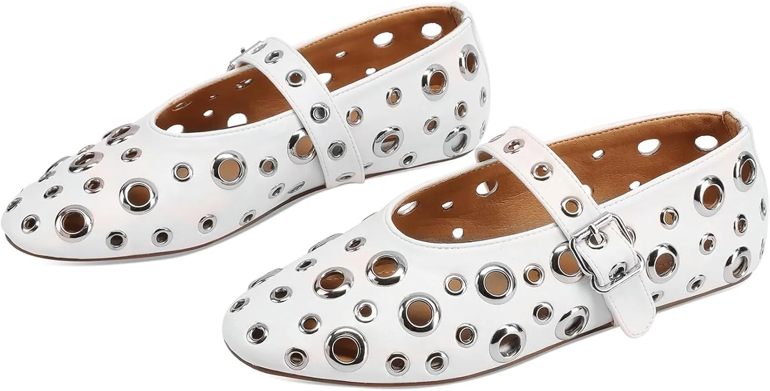 Mesh Mary Jane Flats for Women Perforated Ballet Flats Metal Buckle Strap Ballerina Casual Studded Flat Shoes