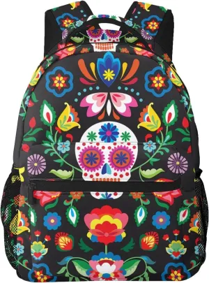 Mexican Skull Skeleton Floral Backpack For School Laptop Bags Bookbag Big Casual Daypack For Student Girls Boys Kids Teens Travel Sports Work