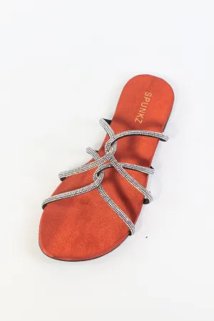 Mia Orange Shiny Rhinestone Mesh Twirl Straps Flat Sandals-11046