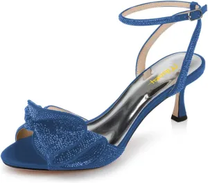 Milooey shoes Womens Glitter Rhinestone Bow Heeled Sandal Elegant Crystal Ankle Strap Kitten Heels Open Toe Dress Wedding Party Evening Shoe Size 4-16 US