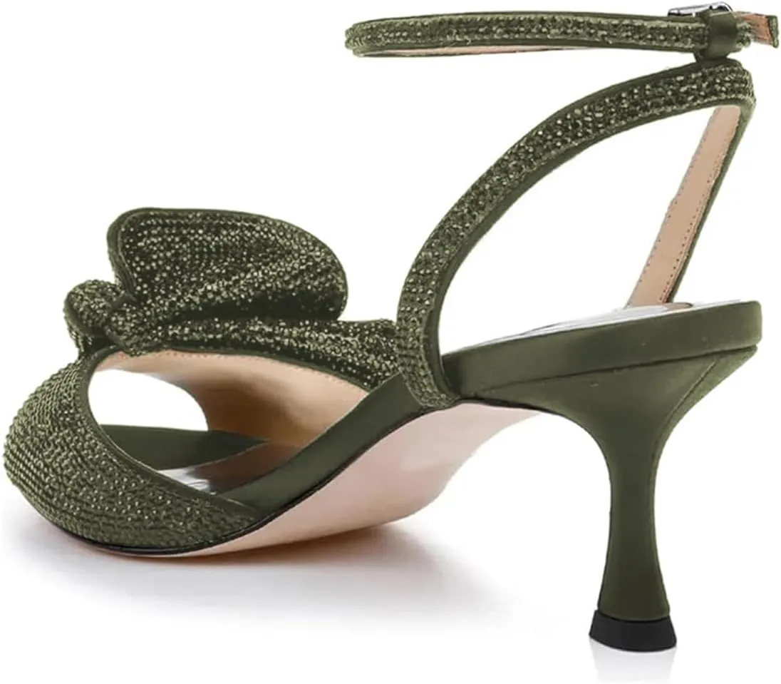 Milooey shoes Womens Glitter Rhinestone Bow Heeled Sandal Elegant Crystal Ankle Strap Kitten Heels Open Toe Dress Wedding Party Evening Shoe Size 4-16 US