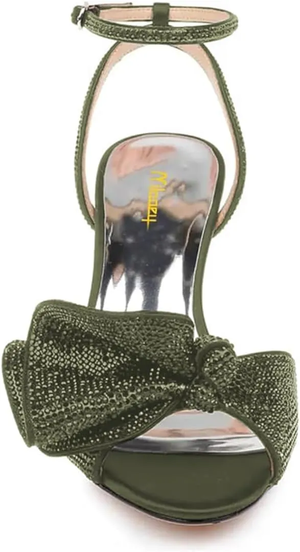 Milooey shoes Womens Glitter Rhinestone Bow Heeled Sandal Elegant Crystal Ankle Strap Kitten Heels Open Toe Dress Wedding Party Evening Shoe Size 4-16 US