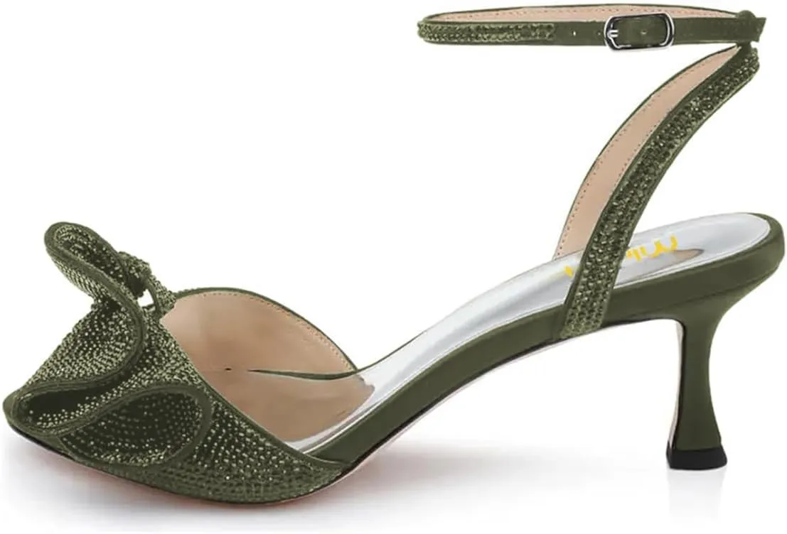 Milooey shoes Womens Glitter Rhinestone Bow Heeled Sandal Elegant Crystal Ankle Strap Kitten Heels Open Toe Dress Wedding Party Evening Shoe Size 4-16 US