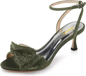 Milooey shoes Womens Glitter Rhinestone Bow Heeled Sandal Elegant Crystal Ankle Strap Kitten Heels Open Toe Dress Wedding Party Evening Shoe Size 4-16 US