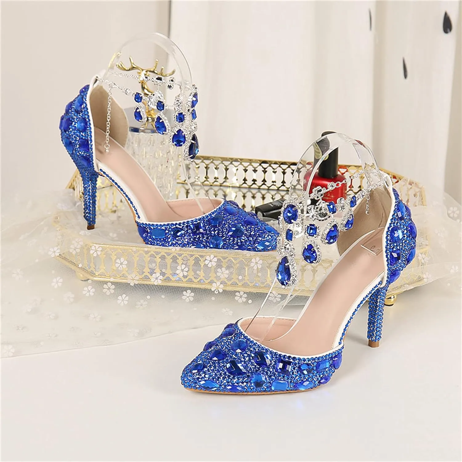 Minishion Womens Rhinestone Wedding Shoes Party Pumps with Ankle Chains