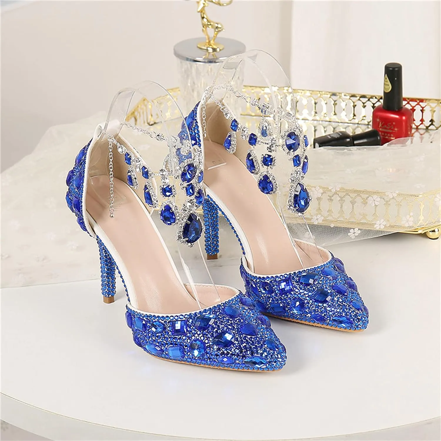 Minishion Womens Rhinestone Wedding Shoes Party Pumps with Ankle Chains