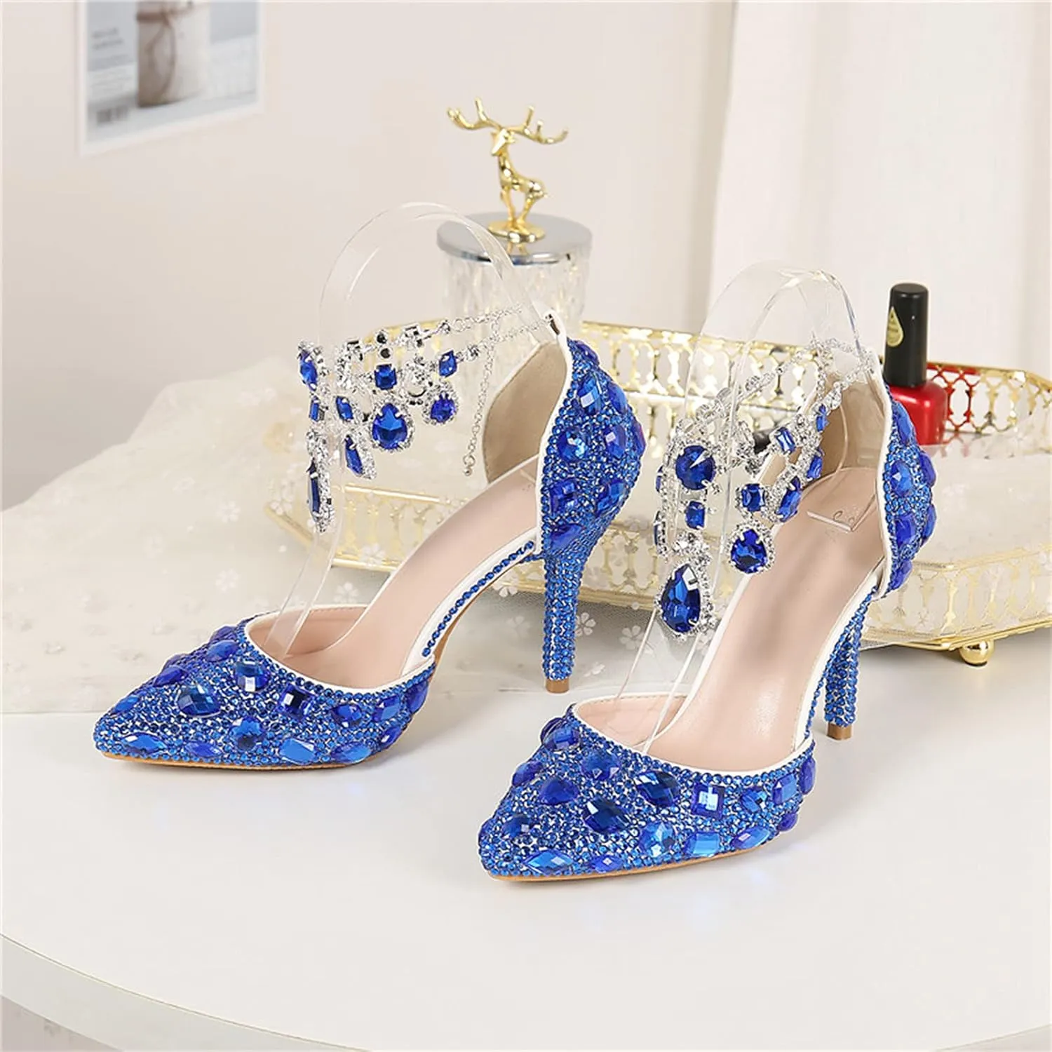 Minishion Womens Rhinestone Wedding Shoes Party Pumps with Ankle Chains