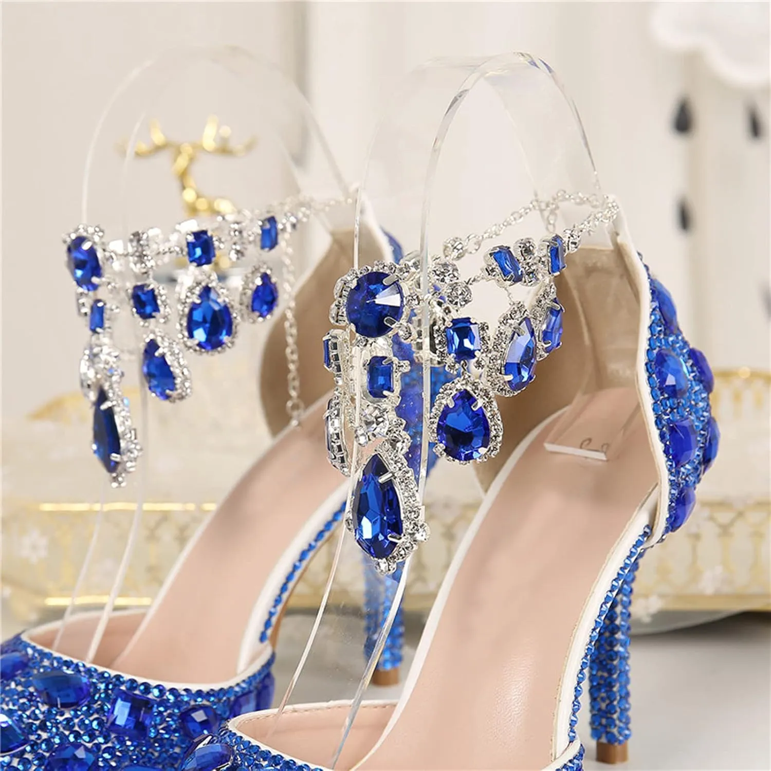 Minishion Womens Rhinestone Wedding Shoes Party Pumps with Ankle Chains