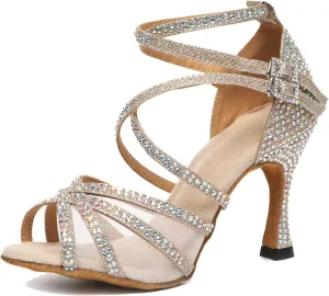 Minishion Womens Rhinestones Dancing Sandals Elegant Mesh Wedding Prom Shoes