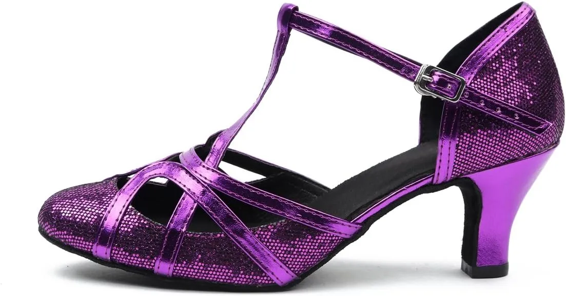 Minishion Women's T-Strap Dance Heels Glitter Salsa Ballroom Shoes Wedding Party Pumps