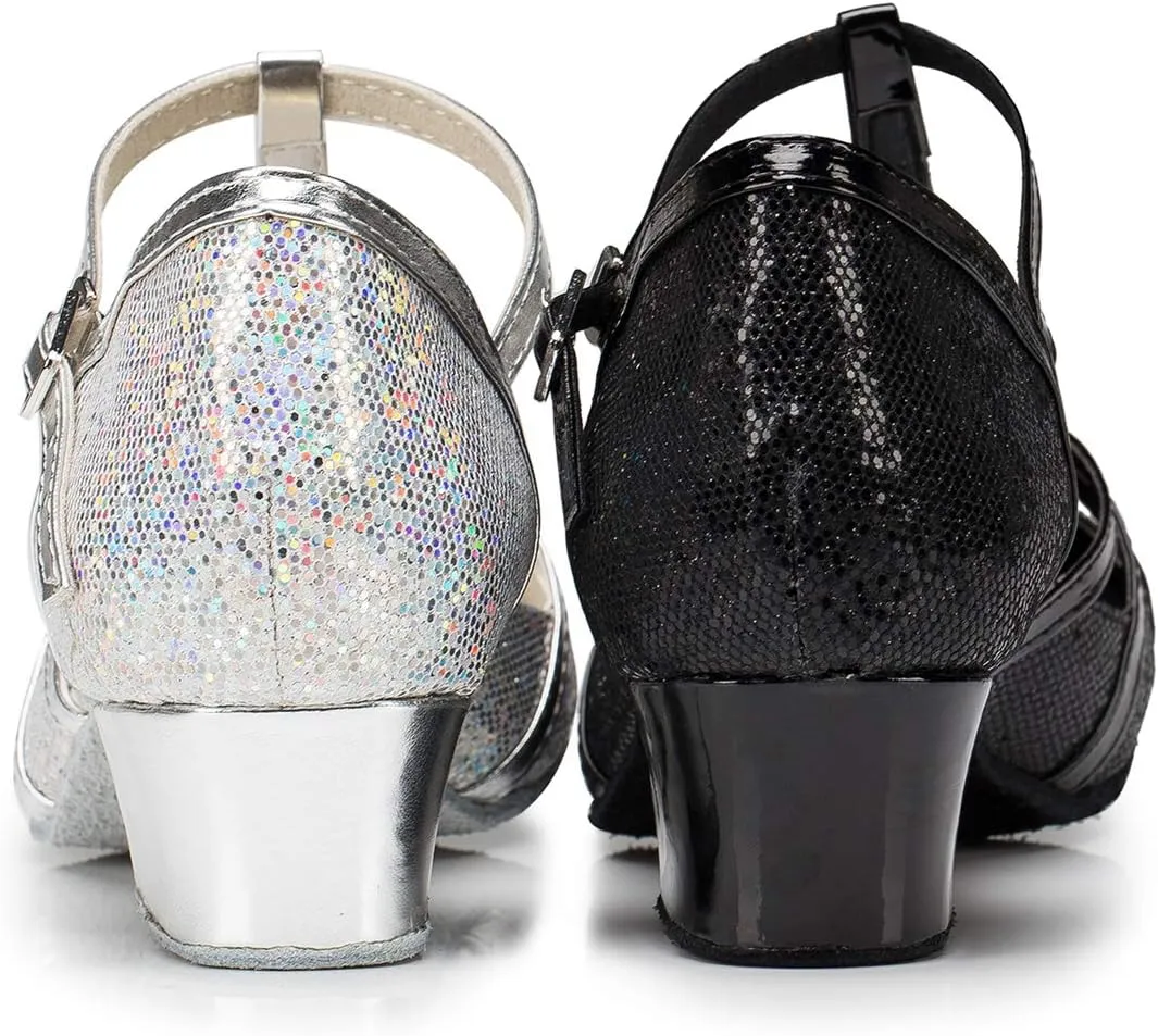 Minishion Women's T-Strap Dance Heels Glitter Salsa Ballroom Shoes Wedding Party Pumps