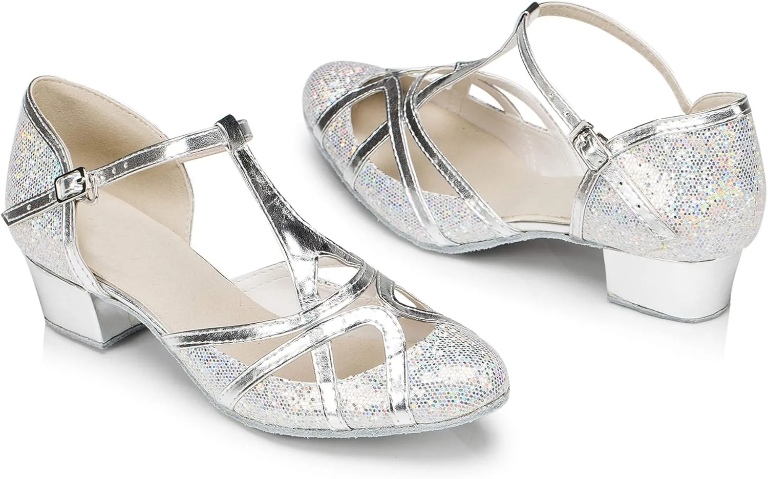 Minishion Women's T-Strap Dance Heels Glitter Salsa Ballroom Shoes Wedding Party Pumps