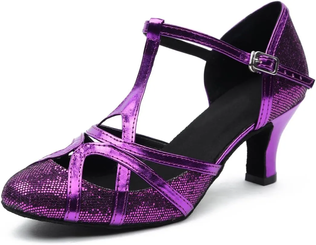 Minishion Women's T-Strap Dance Heels Glitter Salsa Ballroom Shoes Wedding Party Pumps