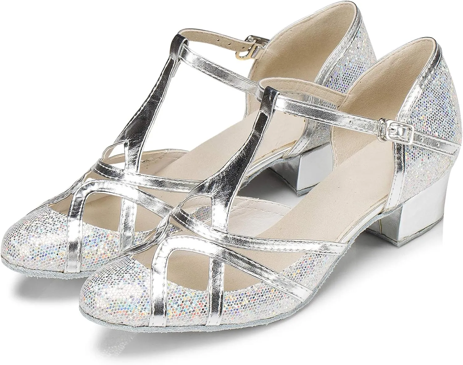Minishion Women's T-Strap Dance Heels Glitter Salsa Ballroom Shoes Wedding Party Pumps