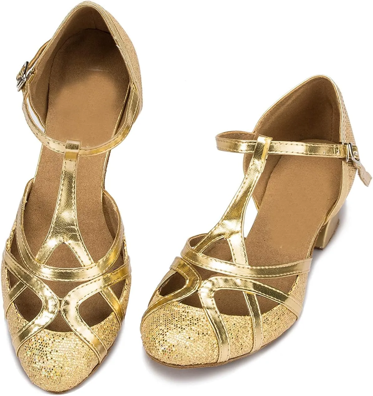 Minishion Women's T-Strap Dance Heels Glitter Salsa Ballroom Shoes Wedding Party Pumps