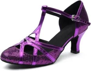 Minishion Women's T-Strap Dance Heels Glitter Salsa Ballroom Shoes Wedding Party Pumps