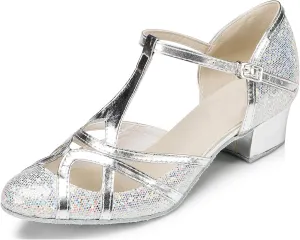 Minishion Women's T-Strap Dance Heels Glitter Salsa Ballroom Shoes Wedding Party Pumps