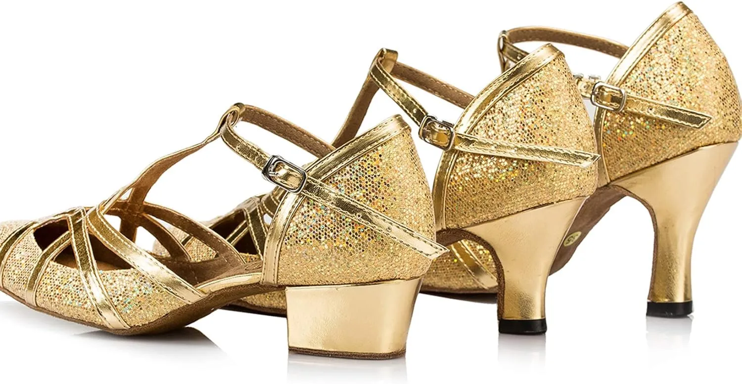 Minishion Women's T-Strap Dance Heels Glitter Salsa Ballroom Shoes Wedding Party Pumps