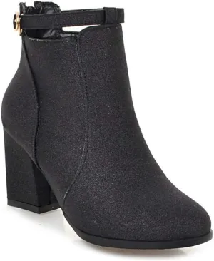 MIOKE Women's Fashion Glitter Dressy Ankle Boots Round Toe Buckle Zip Chunky High Heel Dressy Short Booties