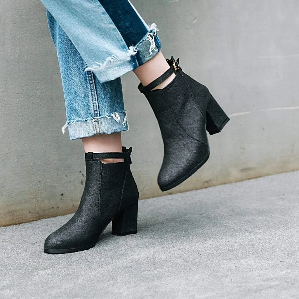 MIOKE Women's Fashion Glitter Dressy Ankle Boots Round Toe Buckle Zip Chunky High Heel Dressy Short Booties