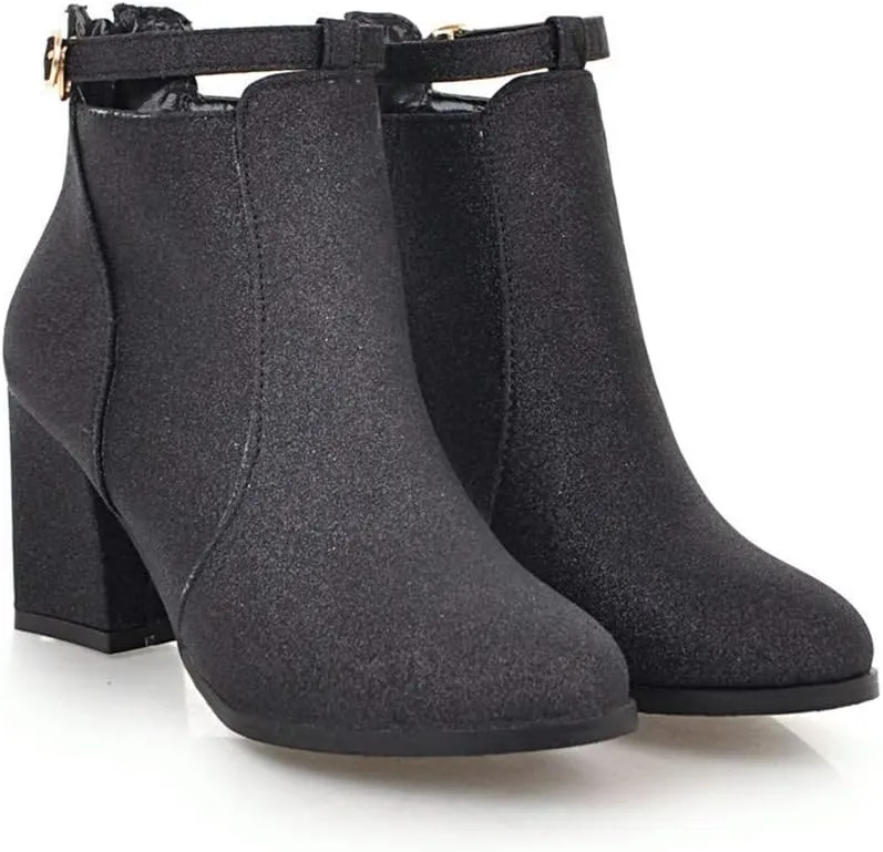 MIOKE Women's Fashion Glitter Dressy Ankle Boots Round Toe Buckle Zip Chunky High Heel Dressy Short Booties